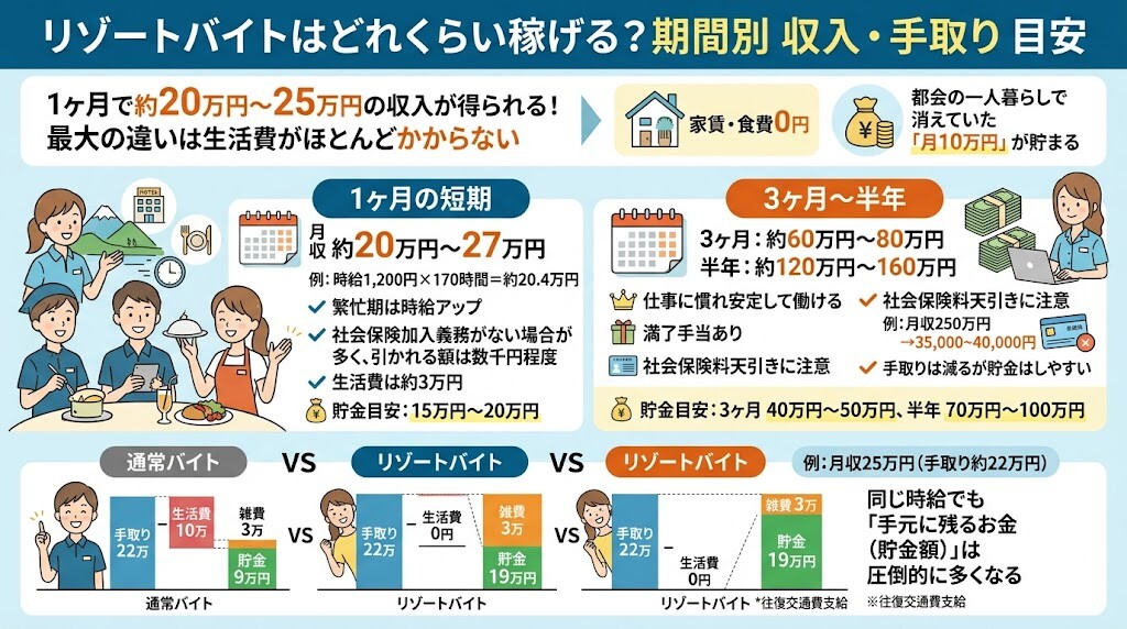 リゾートバイトはズバリどれくらい稼げる？期間別の収入・手取り目安は？