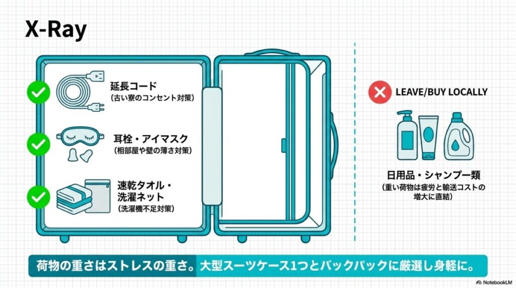 荷物は最小限に!リゾートバイト渡り歩きを快適にする寮生活のコツの図解