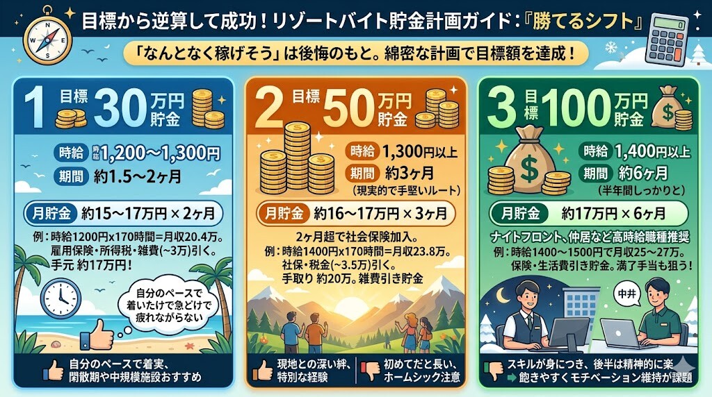 ★目標50万！いくら稼げるか逆算するリゾートバイト貯金シミュレーション