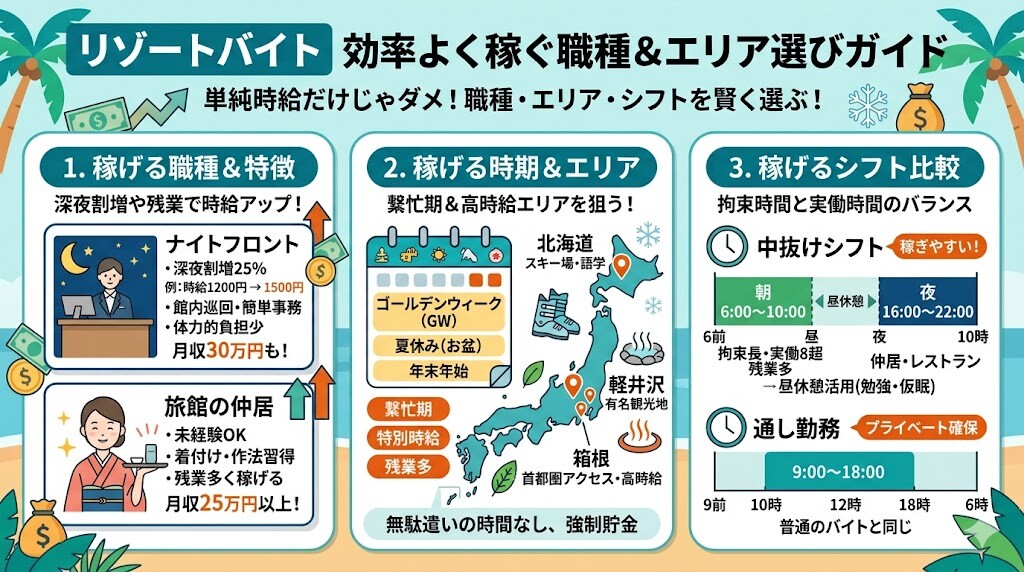リゾートバイトで効率よく稼ぐには？高時給のおすすめ職種とエリア