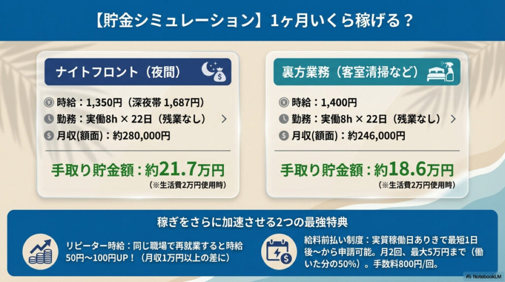 【貯金シミュレーション】リゾートバイト.comの高時給・特典で1ヶ月いくら稼げる？