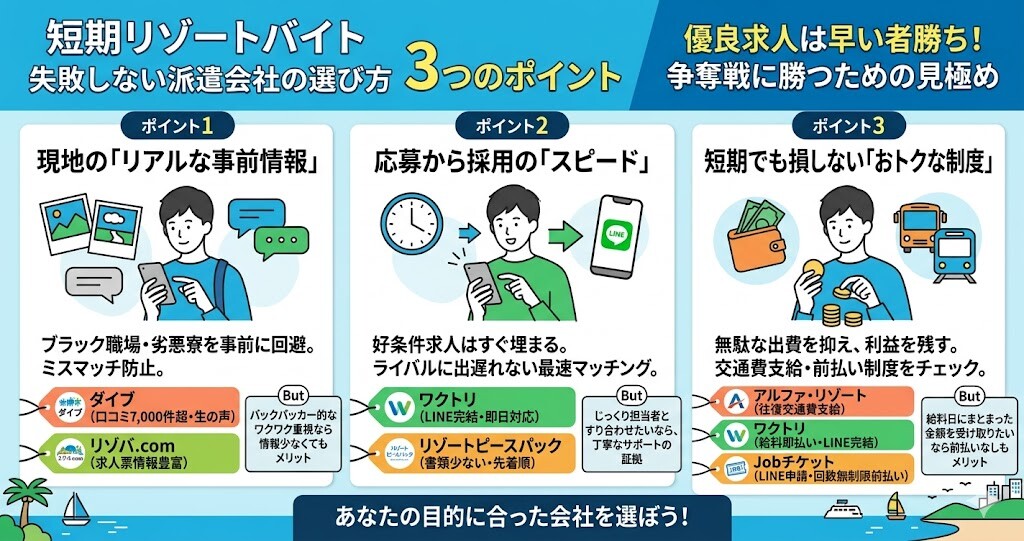 優良求人は早い者勝ち！短期リゾートバイトで失敗しない派遣会社の選び方