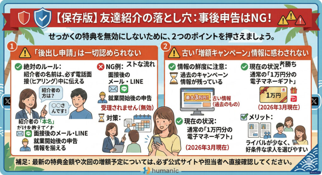 ヒューマニックのリゾバ友達紹介を利用する際の注意点 図解イラスト