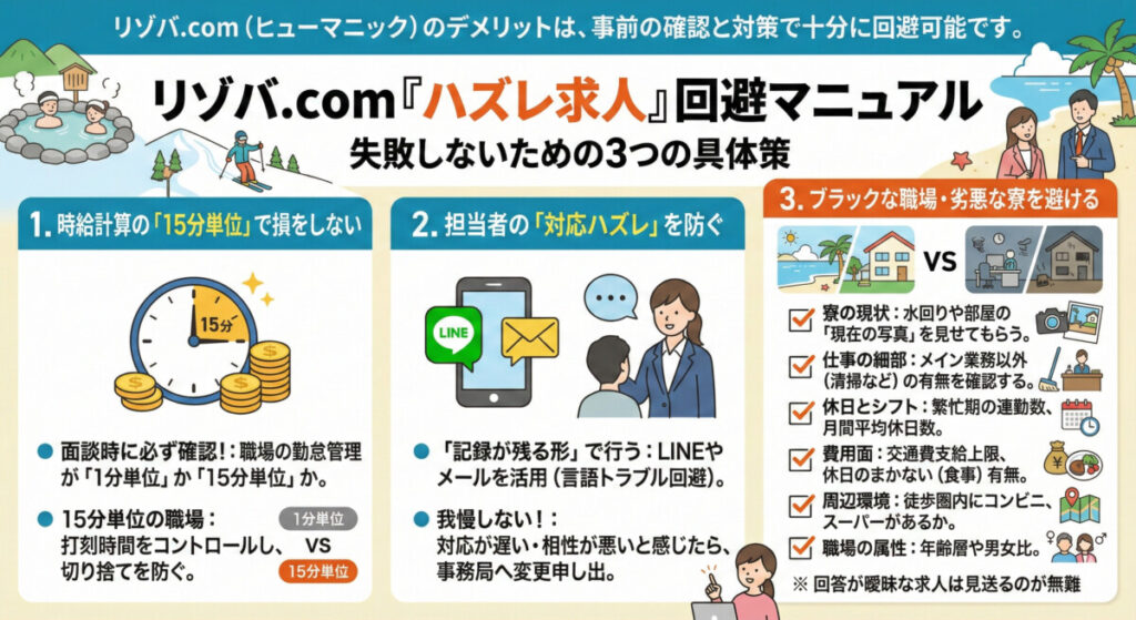 リゾバ.comのデメリット（ハズレ求人）を回避する3つの具体策マニュアル　図解イラスト