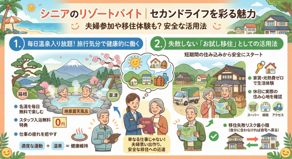 シニアのセカンドライフを彩るリゾートバイトの魅力　図解イラスト