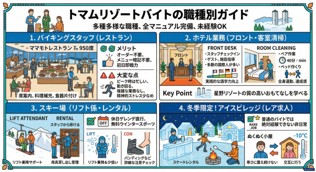トマムリゾートバイトの職種別ガイド　図解イラスト