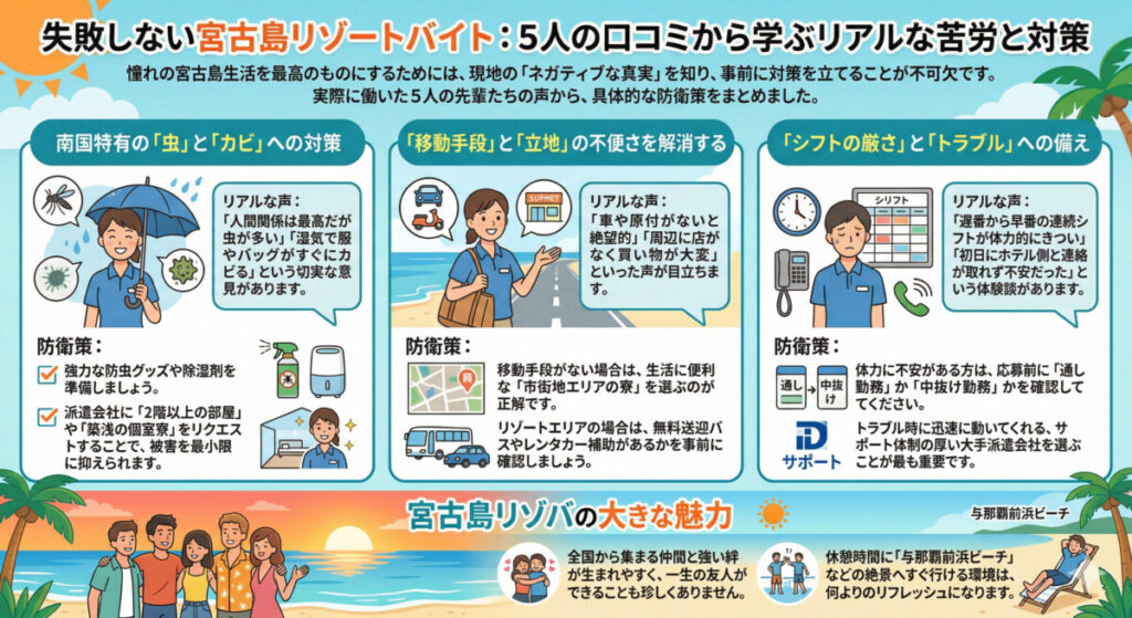 失敗しない宮古島リゾートバイト:5人の口コミから学ぶリアルな苦労と対策 図解イラスト