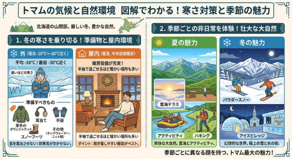 口コミで語られるトマムの気候と自然環境　図解イラスト
