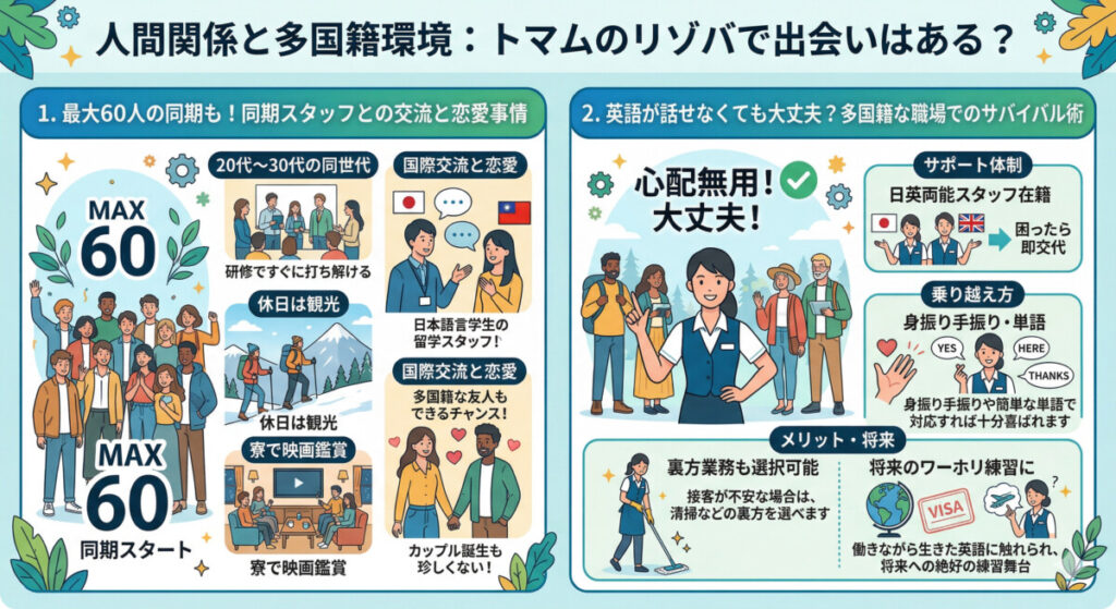 トマム　リゾートバイト　人間関係と多国籍環境　図解イラスト