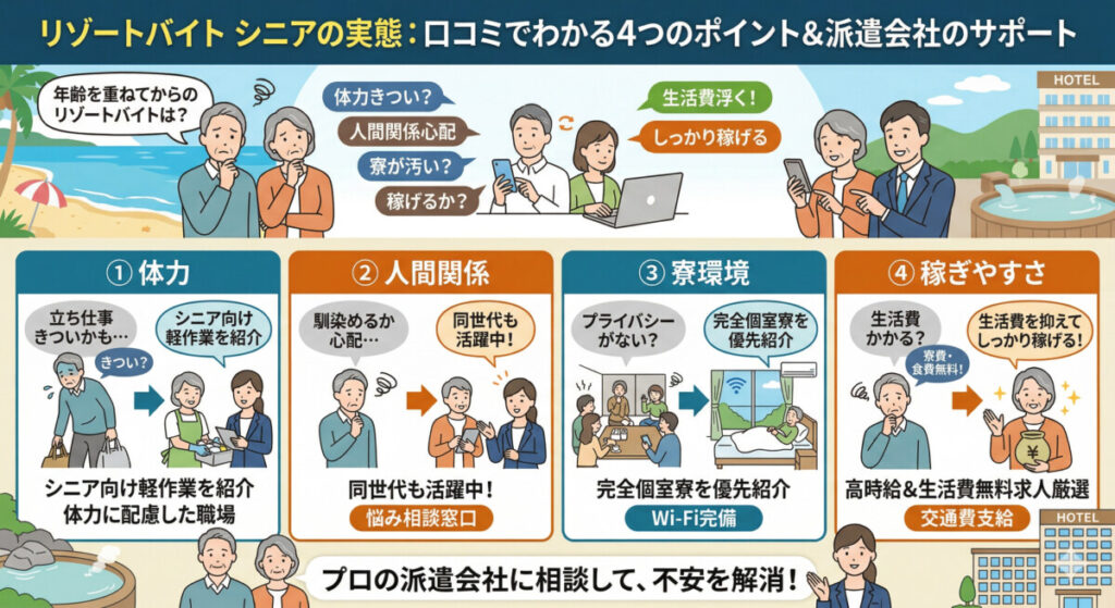 シニアの「体力・人間関係・寮環境・稼ぎやすさ」の実態は？　図解イラスト