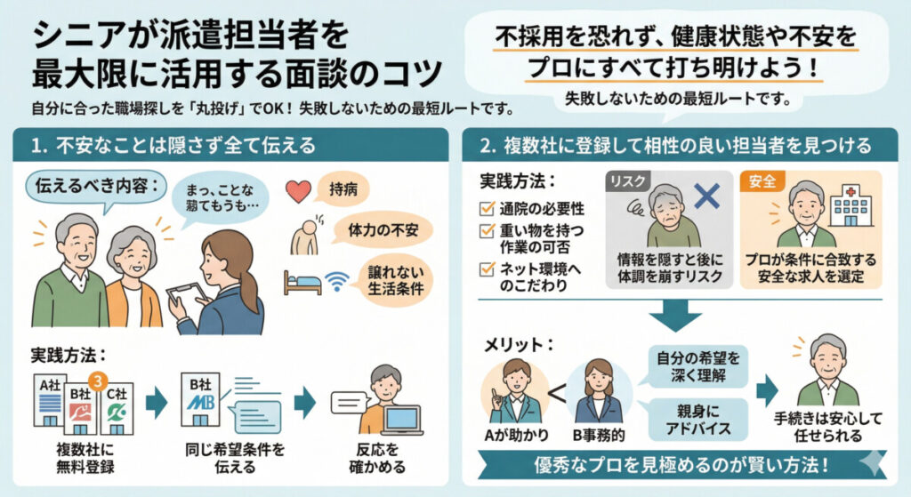 シニアが派遣担当者を最大限に活用する面談のコツ　図解イラスト