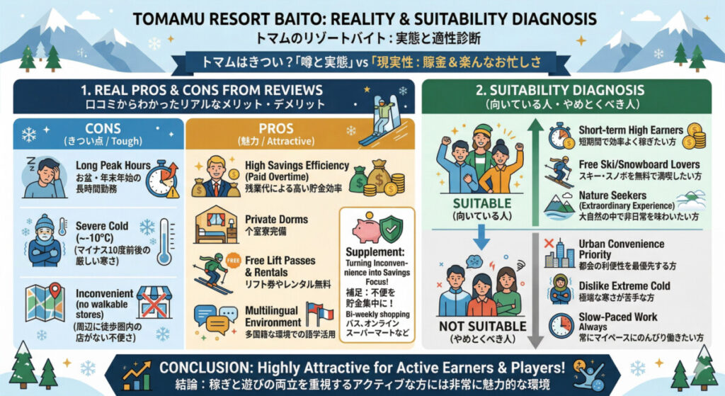 トマム　リゾートバイト　口コミ分析　図解イラスト