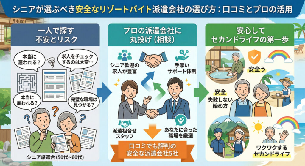 シニアが選ぶべき安全な派遣会社5選　図解イラスト