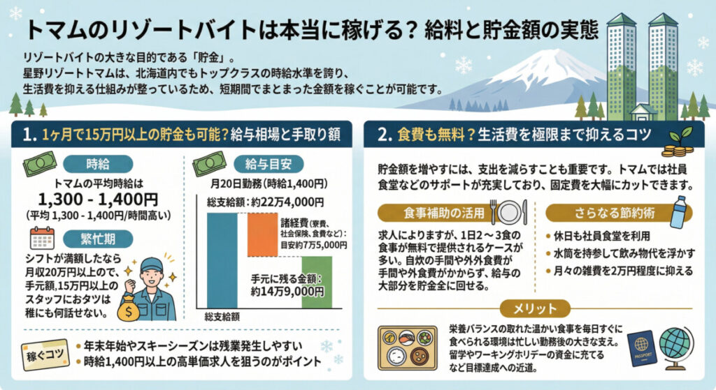 トマムのリゾートバイトは本当に稼げる？給料と貯金額の実態　図解イラスト