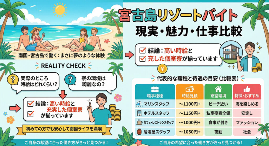 宮古島リゾートバイトのリアルな生活環境と時給事情 図解イラスト