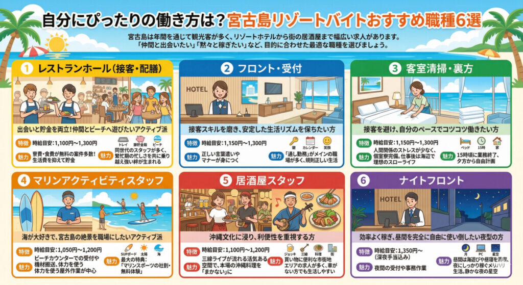 宮古島リゾートバイトおすすめ職種6選 図解イラスト
