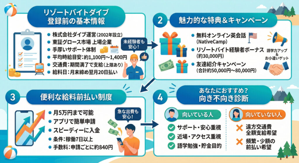 リゾートバイトダイブの登録前に知るべき基本情報・前払い・特典