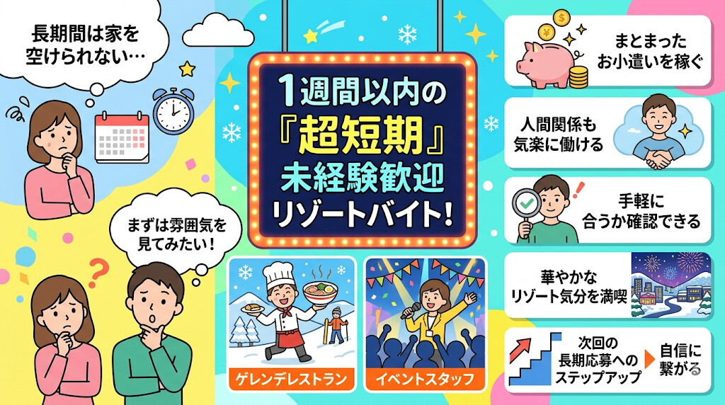 【超短期・初心者お試し派】1週間以内の未経験歓迎(ゲレンデレストラン等)をわかりやすく図解