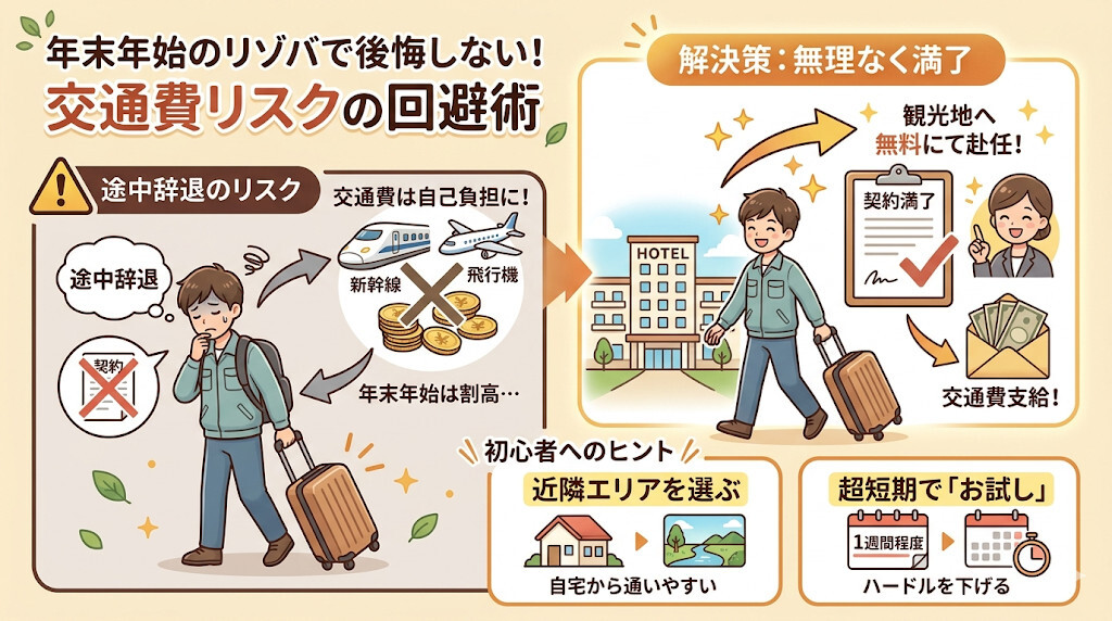 【デメリット】短期で途中で辞めると交通費が出ないリスクがある?をわかりやすく図解