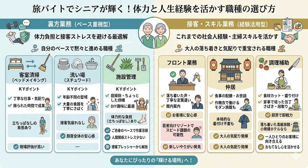 旅バイトでシニアが輝く!体力と人生経験を活かす職種の選び方