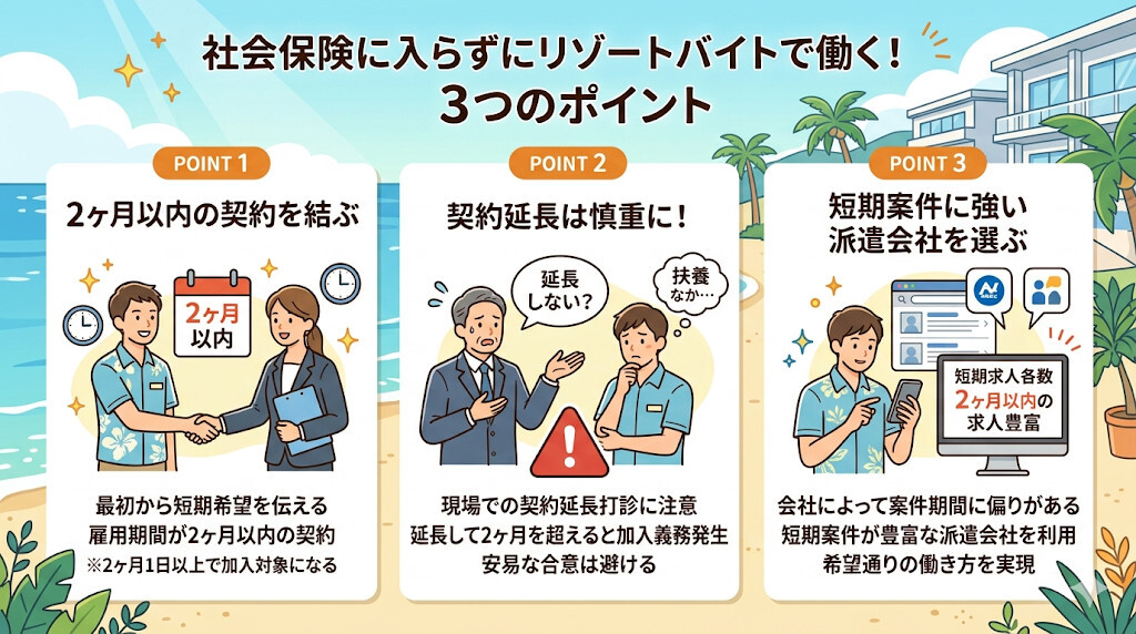 契約延長は危険!社会保険に入らずに働くための3つのポイントをわかりやすく図解