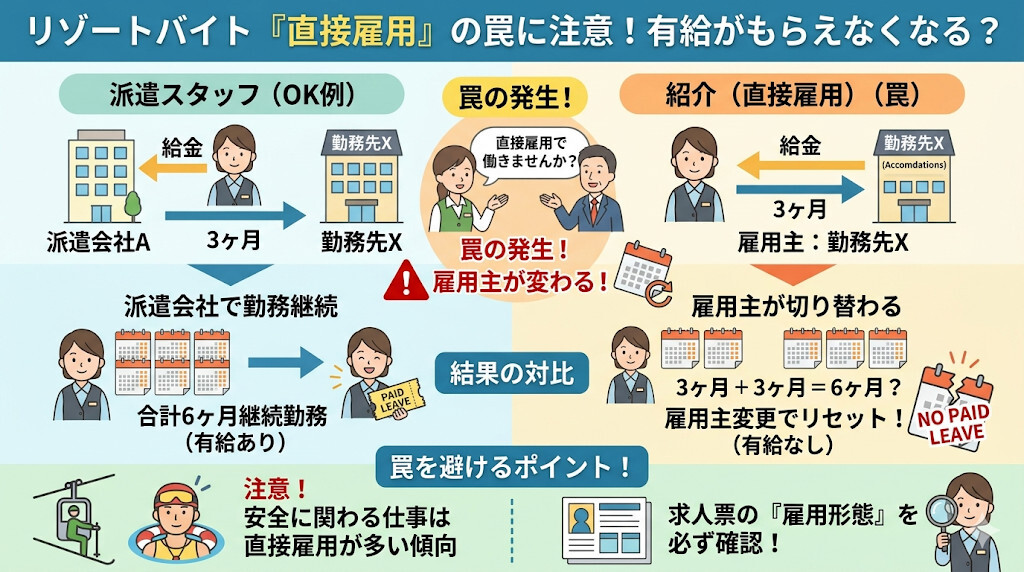 リゾートバイトの直接雇用の罠に注意が必要であることをわかりやすく図解