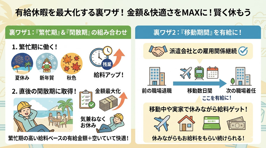有給を最大化する裏ワザ!閑散期や移動期間を狙って取得しようをわかりやすく図解