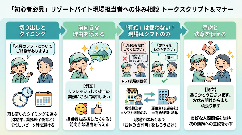 現場のコーディネーター・担当者へ相談する時のトークスクリプトをわかりやすく図解