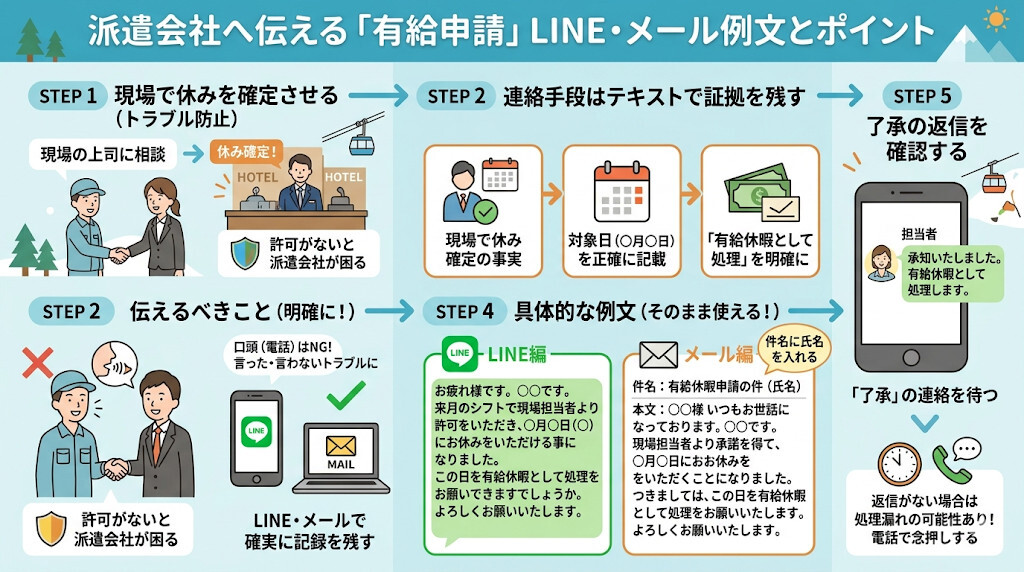 派遣会社へ確実に伝えるLINE・メール用申請例文をわかりやすく図解