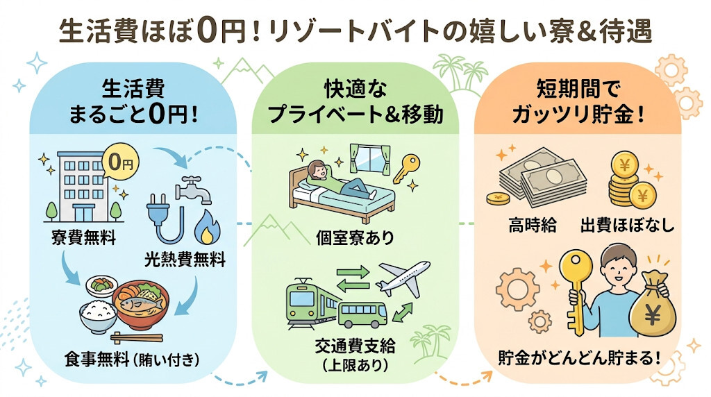 寮・住み込み・待遇(寮費・光熱費無料・賄い付き)の良さをわかりやすく図解