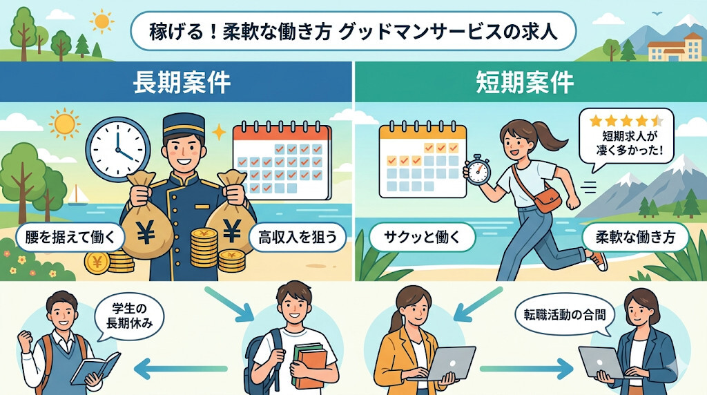 稼げる長期案件とサクッと働ける短期求人案件をわかりやすく図解