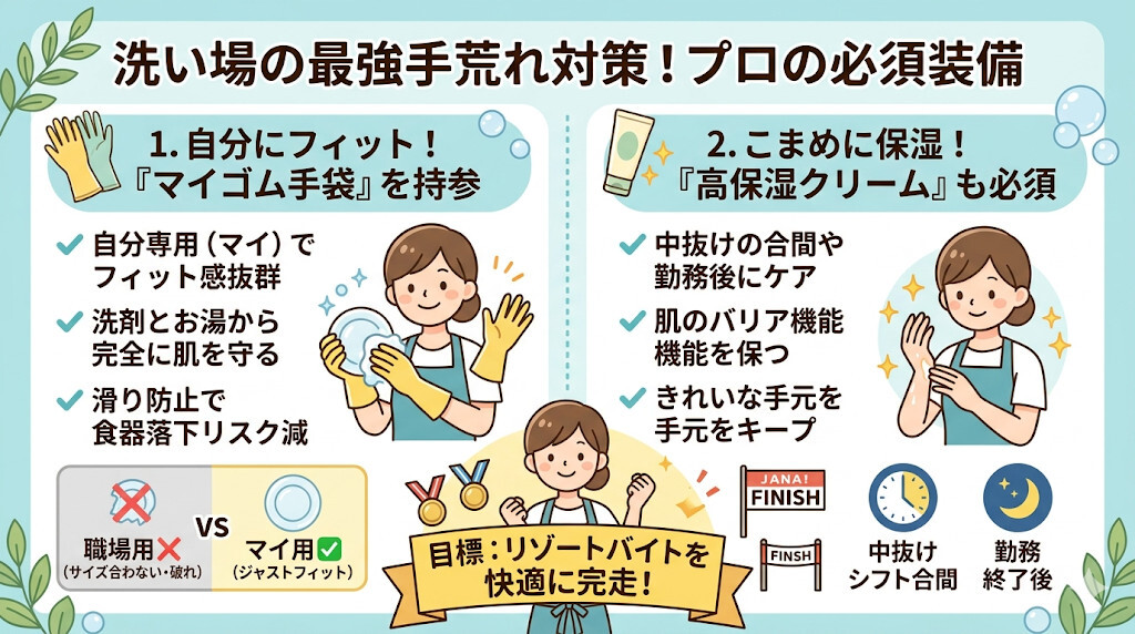 手荒れ対策:マイゴム手袋と高保湿クリームは必須装備をわかりやすく図解