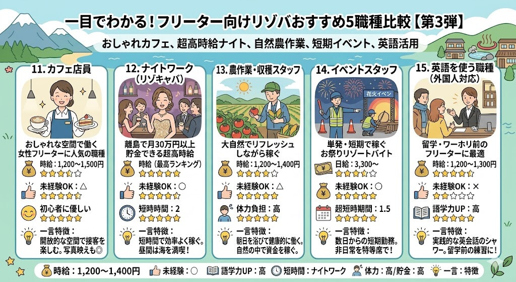 一目でわかる!フリーター向けリゾバおすすめ5職種比較【第3弾】