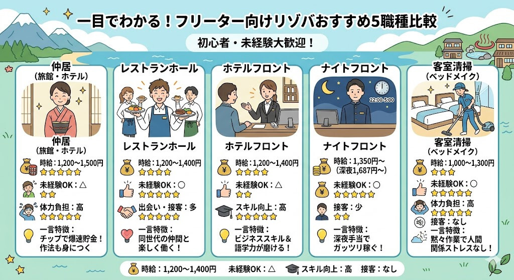 一目でわかる!フリーター向けリゾバおすすめ5職種比較