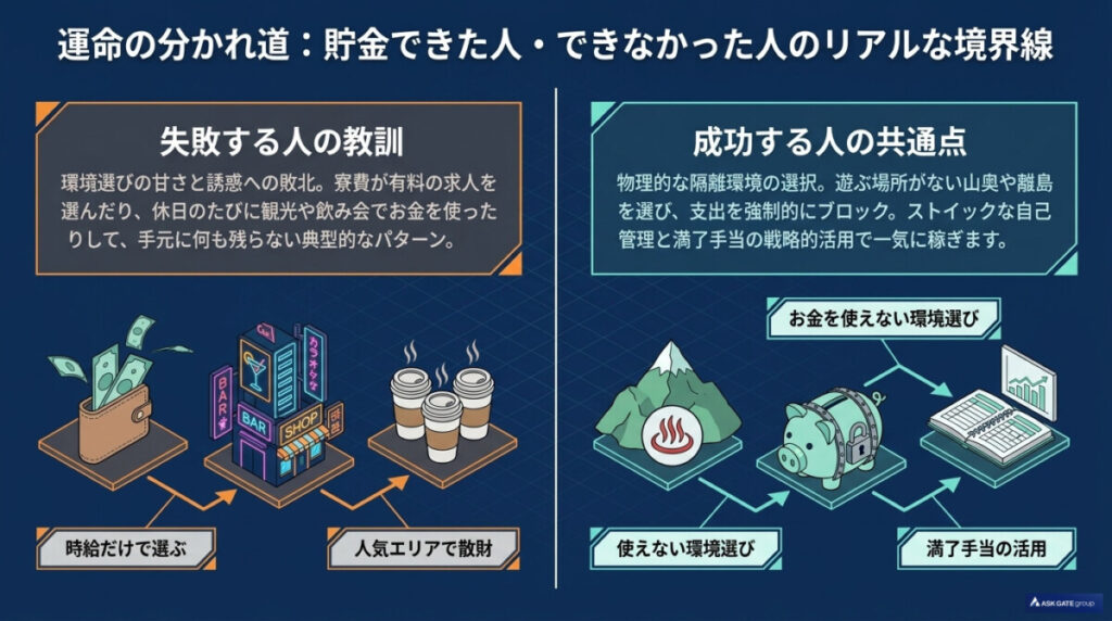 リゾートバイトで貯金できた人とできなかった人の境界線についての図解。
