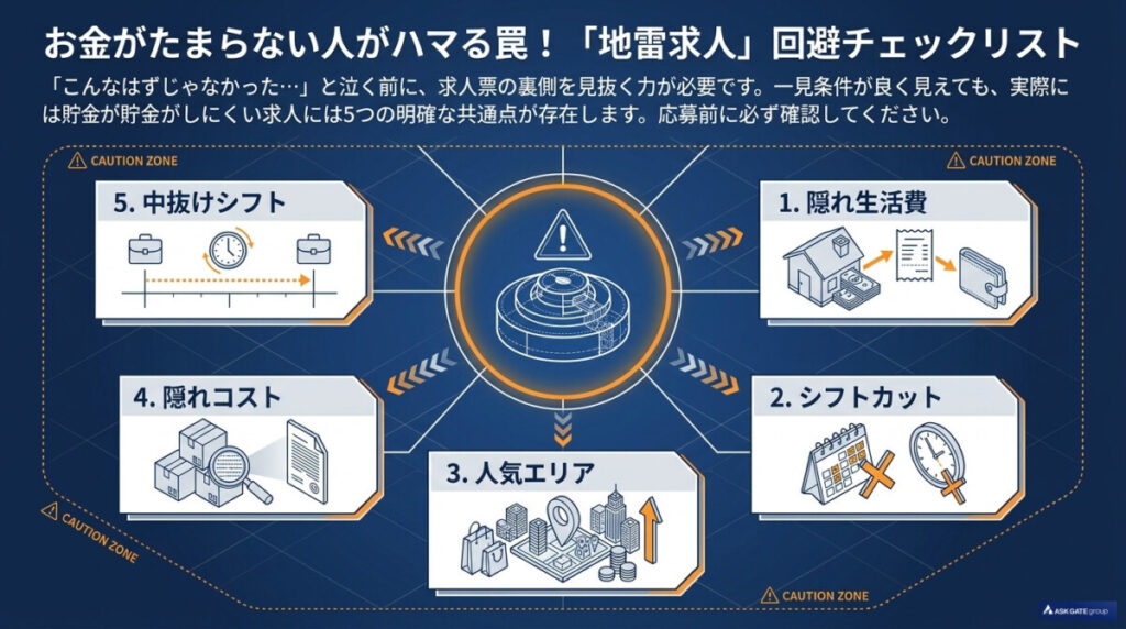 リゾートバイトでお金がたまらない人がハマる罠!後悔を防ぐ「地雷求人」回避チェックリストについての図解。