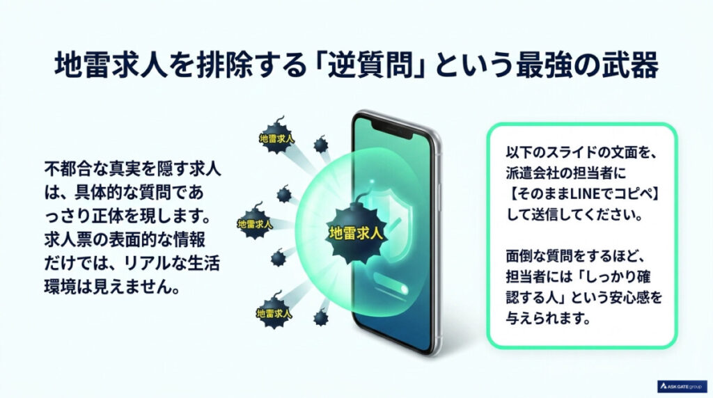 リゾートバイトで地雷求人を排除する逆質問についての図解。