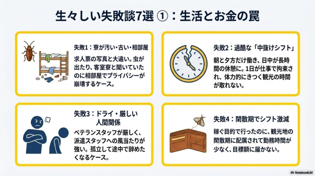 リゾートバイトでの失敗談①
生活とお金の罠についての図解。