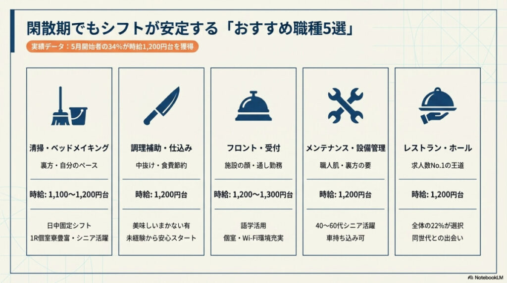 リゾートバイト閑散期でもシフトが安定するおすすめ職種5選の図解。