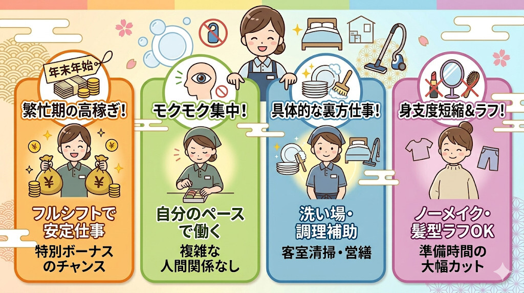 【ガッツリ高時給で貯金派】ホテル・旅館の「裏方(洗い場・清掃)」をわかりやすく図解