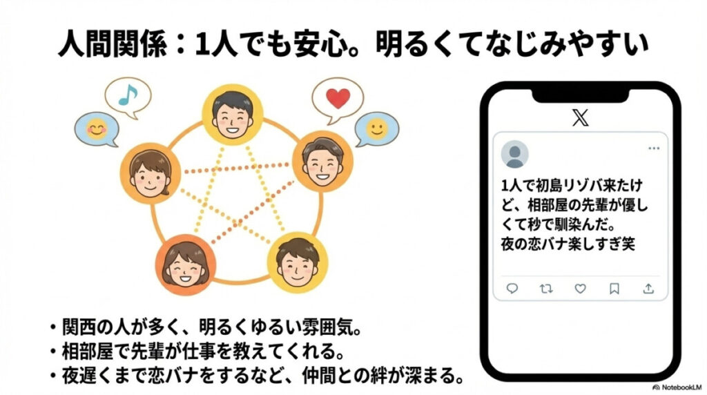 人間関係:1人参加でも安心?関西弁が飛び交うゆるい相部屋生活