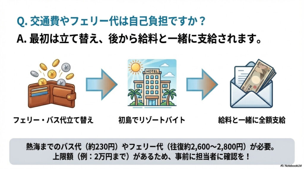 フェリー代や現地での交通費は自己負担ですか?