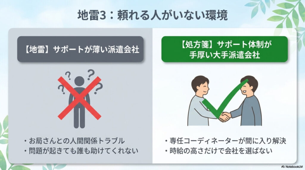 地雷3:お局さんトラブルや相談相手不在の「サポート薄」は致命傷!派遣会社選びで8割決まる理由