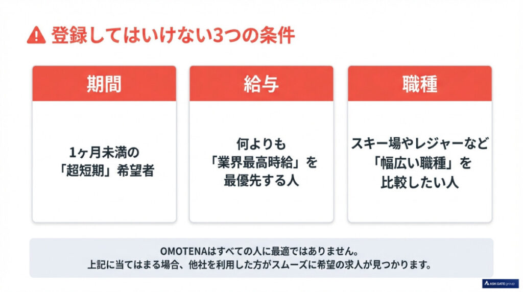 【OMOTENA(スタッフエージェント)】登録してはいけない3つの条件