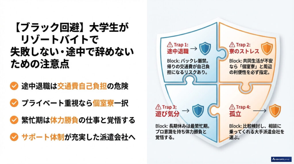 【ブラック回避】大学生がリゾートバイトで失敗しない・途中で辞めないための注意点