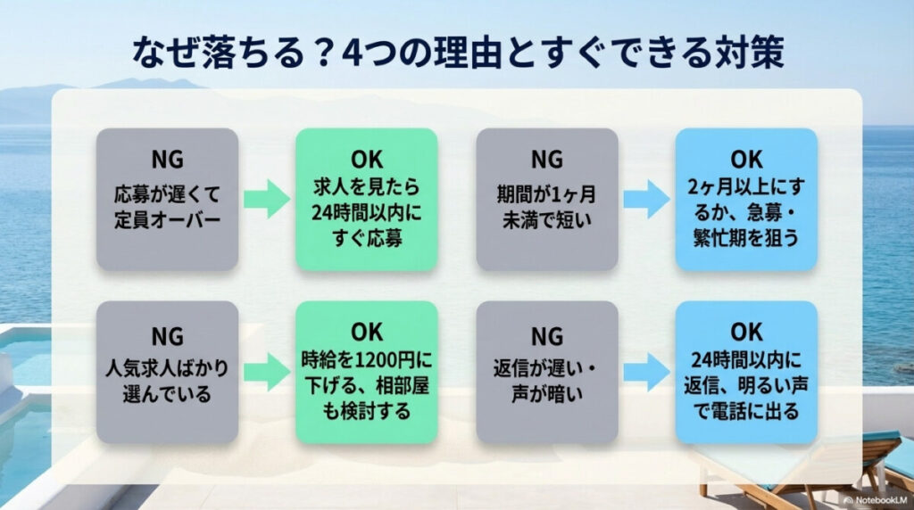 なぜ面接で不採用に?リゾートバイトに落ちる理由と自己診断チェックリスト