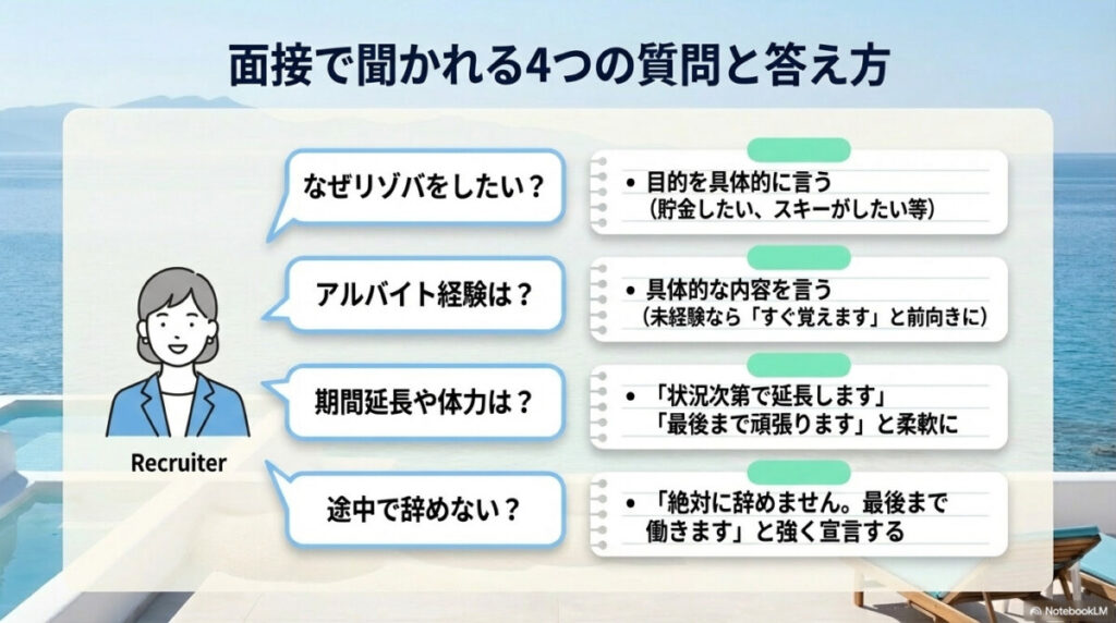 リゾートバイトの面接でよく聞かれる質問と落ちないための回答例