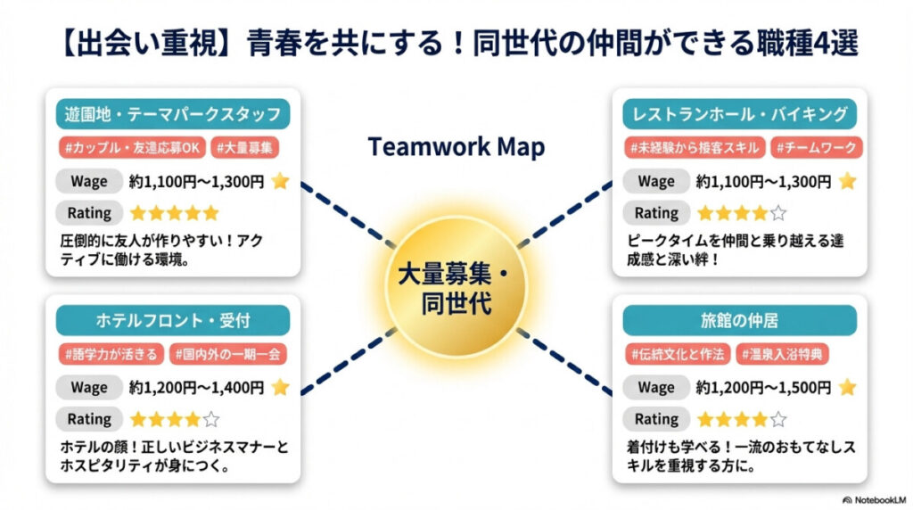 同世代の仲間ができる夏休みリゾートバイトおすすめ職種4選を図解したもの