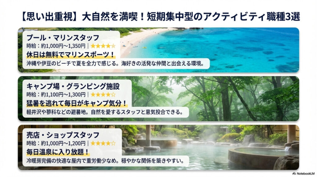 大自然を満喫する。短期1週間から行ける夏休みリゾートバイトおすすめ職種3選を図解したもの