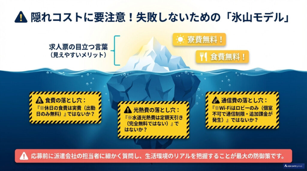 夏休みの住み込みリゾートバイトで失敗しないための注意点。
食費の落とし穴、光熱費の落とし穴、通信費の落とし穴について図解したもの